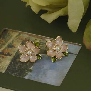 3/$20 Pink White Enamel Flower Pearl Detail Earrings